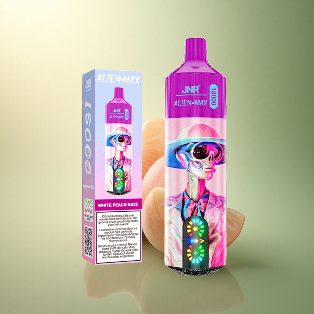 JNR Alien Max 18000 الخوخ الأبيض والرازبري مع شاشة LED وملف مزدوج ومحتوى نيكوتين 5%