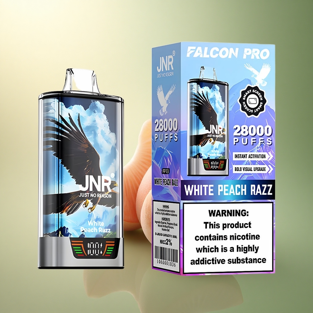 JNR Falcon Pro 28000 الخوخ الأبيض والتوت مع 5% نيكوتين و950 ملي أمبير وشاشة ذكية