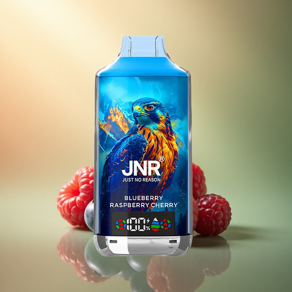 JNR Falcon X 18000 العليقة الثلاثية: توت أزرق، توت العليق، كرز مع نيكوتين 5% وشاشة رقمية وشحن سريع Type-C