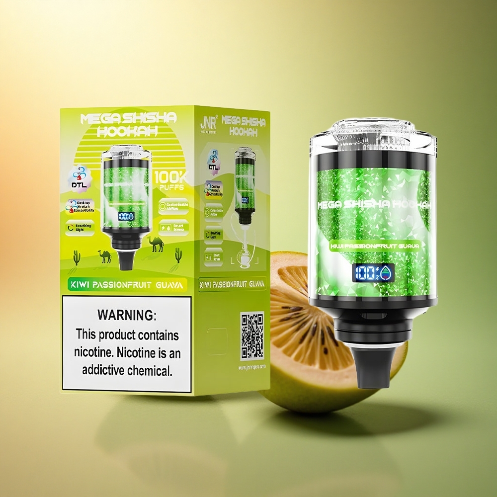 JNR Mega Shisha Hookah 100K كيوي باشن فروت جوافة مع شاشة ذكية وبطارية 2200 مللي أمبير وتنفس ضوئي