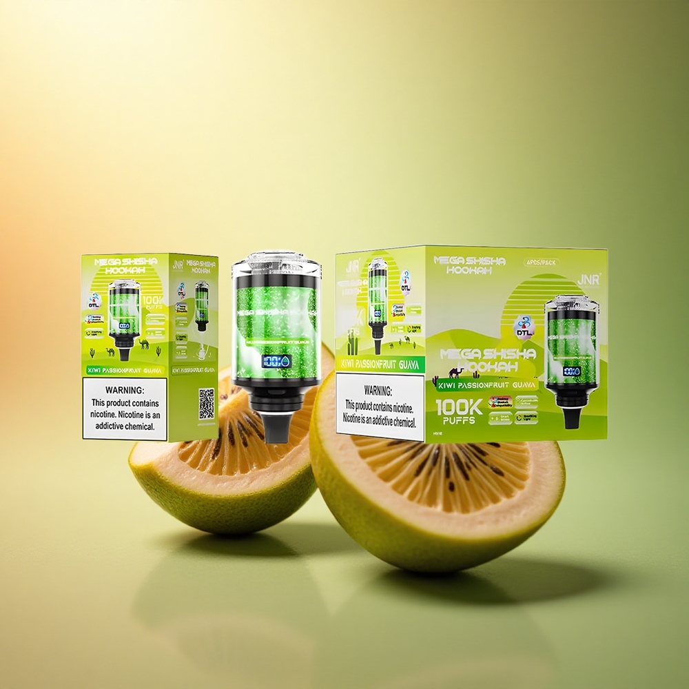 JNR Mega Shisha Hookah 100K كيوي باشن فروت جوافة مع شاشة ذكية وبطارية 2200 مللي أمبير وتنفس ضوئي