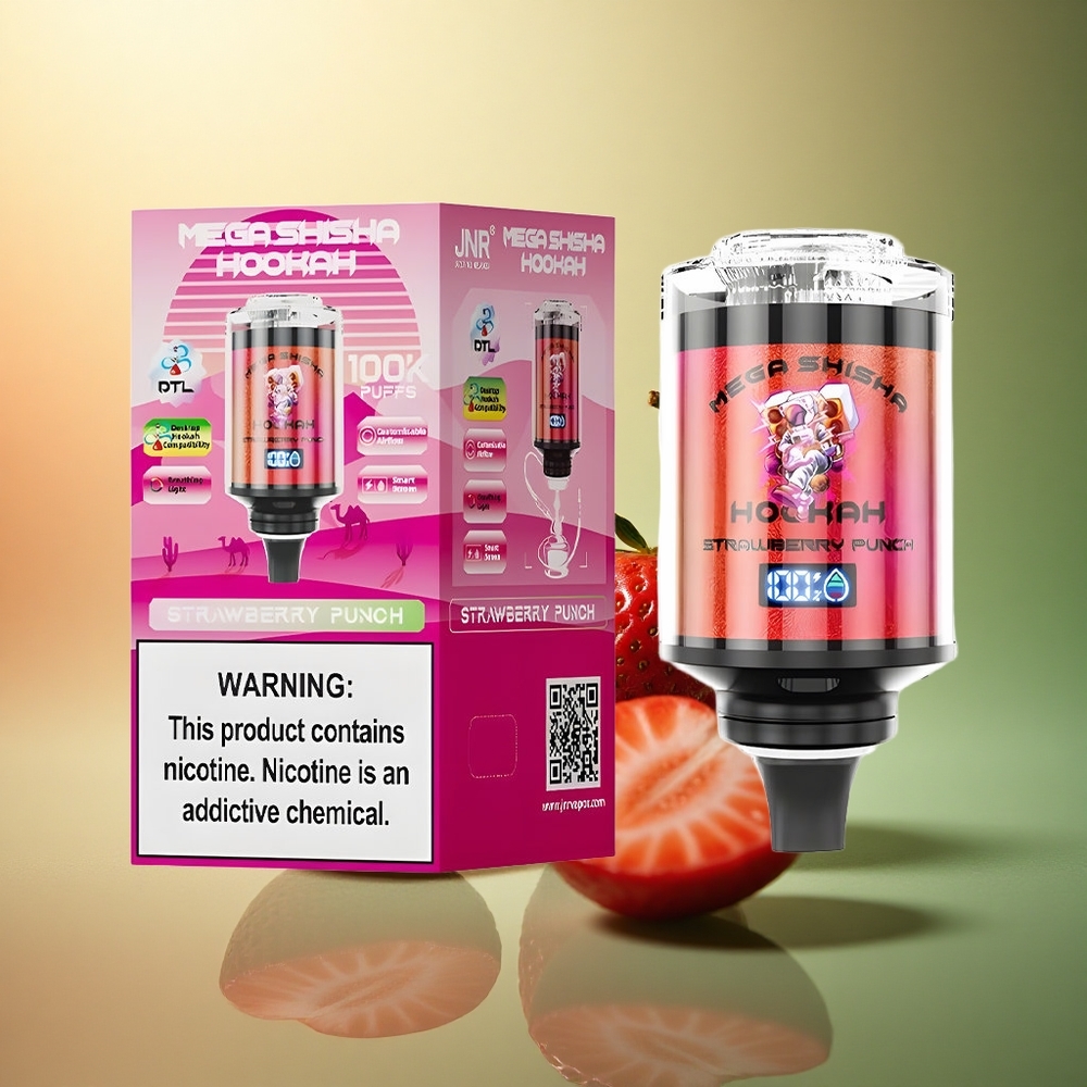 JNR Mega Shisha Hookah 100K عصير الفراولة مع نيكوتين 2% وبطارية 2200 مللي أمبير