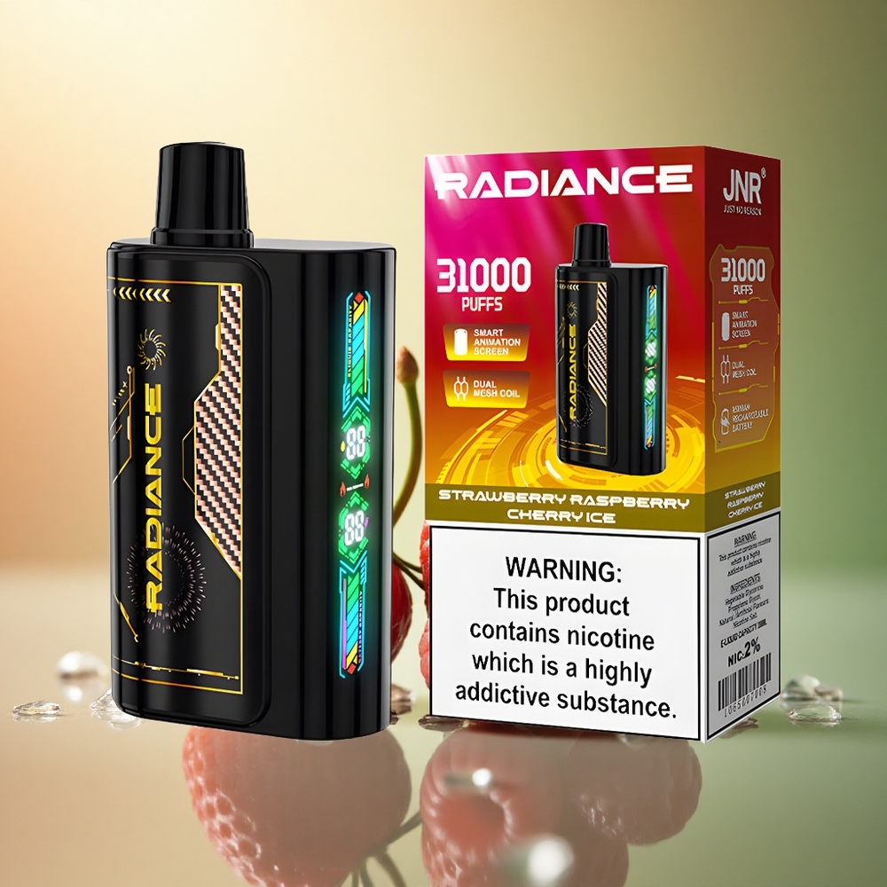 JNR Radiance 31000 فراولة توت عُلّيق كرز مثلج بشاشة ذكية وبطارية 950 ميلي أمبير وشاحن Type-C