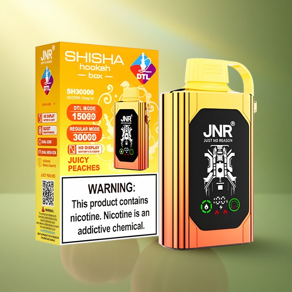 JNR Shisha Hookah Box 20500 الخوخ العصيري بشاشة عالية الدقة ونيكوتين 5%